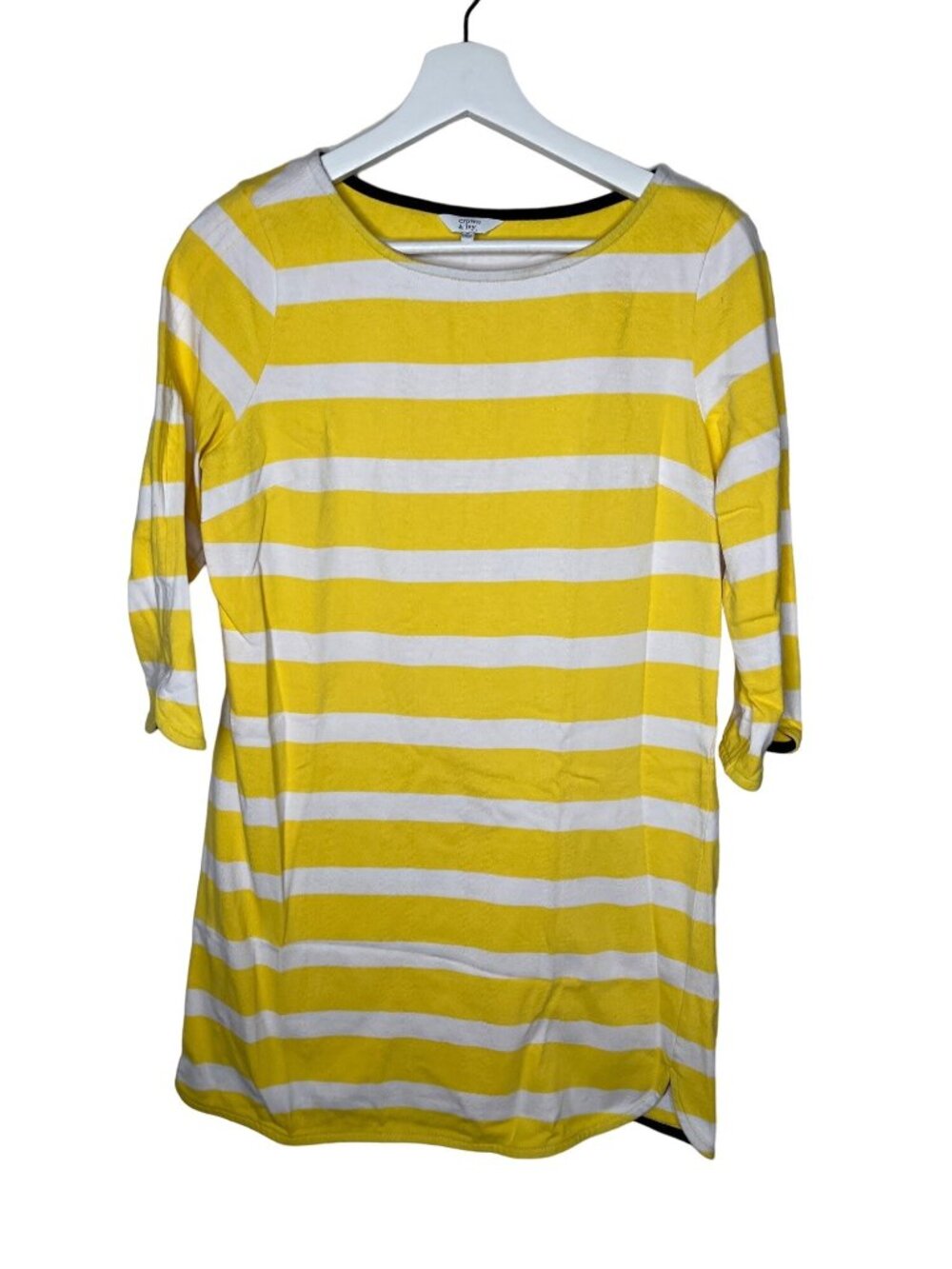 Crown & Ivy Women Medium Yellow White Stripe Tunic Top Cotton Mini Dress